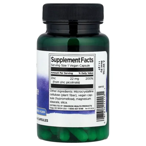 Swanson, Zinc Picolinate, 22 mg - 60 Vegan Capsules - Image 2